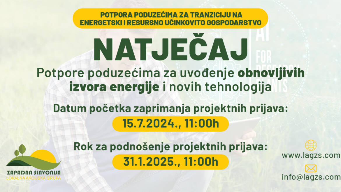 NATJEČAJ ZA Potporu poduzećima za tranziciju na energetski i resursno učinkovito gospodarstvo za 2024. godinu