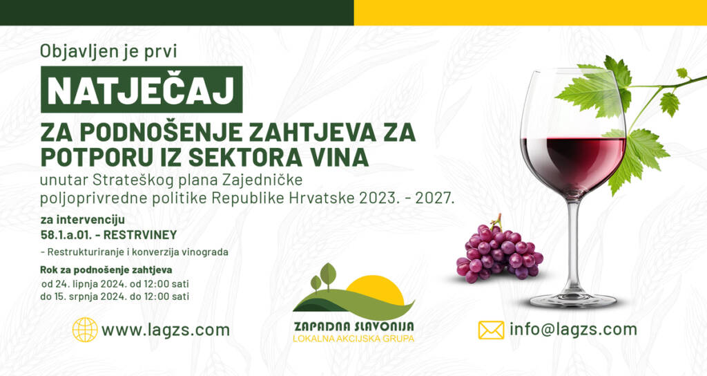 Natječaj za podnošenje zahtjeva za potporu iz sektora vina
